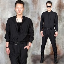 올블랙 차이나카라 린넨 벨트 점프수트