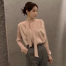빅사이즈 블라우스 이쁜옷 여성 상의 큰옷 아세테이트 단면 여성용 주름 방지 우아한 스트랩 긴팔 셔츠 고급감 레깅스 봄 여름 리본 끈 프렌치 스타일 프리미엄 디자인감 젊고