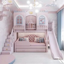 이층 침대 미끄럼틀 캐슬 성 공주 핑크 2m 실내, 2층+슬라이드+사다리 1200x2000mm