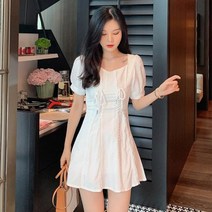 [하나비] 가브레비이리 여성 여름 스퀘어넥 원컬러 무지 리본 미니원피스