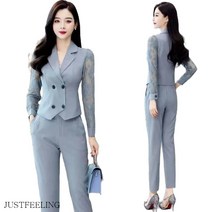 JUSTFEELING 고급스러운 정장세트 여 봄가을 슬림해 보이는 크롭 수트 캐주얼 스니커즈 투피스 펀칭 레이스 소매정장