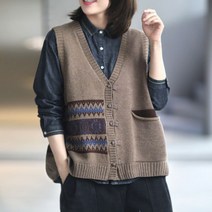 도오빠 앙그리 여성 니트 조끼 베스트 브이넥 민소매 가디건 자카드 패턴 스웨터 루즈핏 봄 가을 여자조끼 프리사이즈