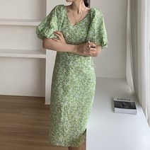 잇츠스타일 여성 브이넥 그린 플라워패턴 슬림핏 오픈숄더 프렌치 롱원피스