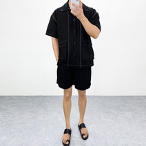 엠클로 남자 오버핏 기획 린넨 포켓 스티치 반팔 남방셔츠 자켓 밴딩 반바지 남여공용 3종세트