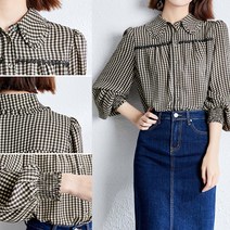 리틀깽스 빅사이즈 44~88 데이트룩 출근룩 데일리 가을 간절기 인형 세라 카라 퍼프소매 셔링 체크 블라우스