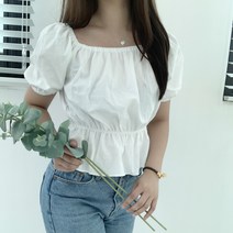 여성 셔링 오픈숄더 스퀘어 여름 반팔 블라우스 무드 러블리 데이트룩