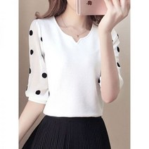 땡땡이 도트 블라우스 셔츠 여성 봄 스타일 쉬폰 캐주얼 하프 소매 프린트 라운드넥