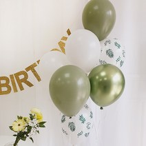 (7개) 나뭇잎 유칼립투스 파티 그리너리 풍선세트 화이트 생일파티 키즈파티 홈셀프파티 베이비샤워 브라이덜샤워, 풍선 7개+테이블스틱세트