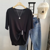 상상그이상 여성용 찰랑 레이온 무지 브이넥 반팔 티셔츠