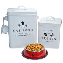 Meraki Home Farmhouse 고양이 사료 통 및 간식 용기 - 측면 손잡이와 단단한 뚜껑 스쿱 프리미엄 광택 레드 반려동물 그릇 대형 금속 보관 귀여운 반려동물을 위한, Glossy White