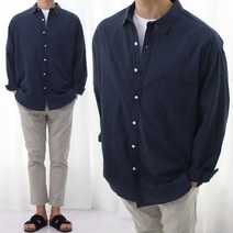 남자 오버핏 긴팔 셔츠 시원한 여름 아사 면 삭스블루 얇은 남방