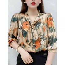 타이블라우스 여성 봄 여름 스타일 쉬폰 블라우스 셔츠 레이디 캐주얼 반소매 리본 칼라 프린트 상의 DF4198