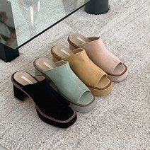 이나슈즈 코듀로이 골덴 토오픈 가보시뮬 7cm 통굽 슬리퍼