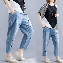 사사로이 여성 바지 청바지 데님바지 탄성 허리 배기청바지 캐주얼바지 찢청 물고기 자수 포인트 다양한 상의와 레이어드하기 좋은 스타일 + 양말증정