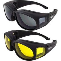 Global Vision 아웃피터 블랙 오토바이 선글라스 2개 스모크 및 노란색 렌즈 김 서림 방지 오버 더 글라스 보안경