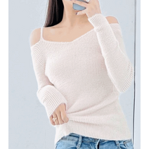 [무배]아임무드샵 (크리스마스/연말룩추천) 앙고라 오프숄더 어깨트임 퍼 긴팔 니트 앨핀