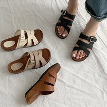 포크너 심플 빈티지 캐주얼 여름 데일리 간편 외출 여자 신발 웨지힐 통굽 로우힐 키높이 스타일 버클 굽있는 슬리퍼 4cm