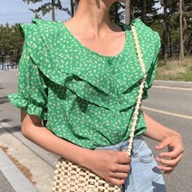 매력이나와 플라워 프릴 반팔 쉬폰블라우스