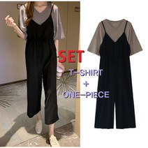 스타일아유 여성 점프수트세트 루즈핏 여성의류빅사이즈 여름 미시 브이넥 박스티 멜빵바지 세트[ AYG6SE0017]