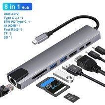 [SW] USB C 허브 8 In 1 Type C 3.1 To 4K HDMI 어댑터 (RJ45 SD/TF 카드 리더기 포함) PD MacBook 노트북 노트북 컴퓨터 용 고속 충전, 8-in-1