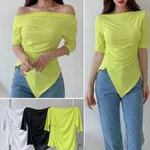 러브포텐 여성 오프숄더 셔링 반팔티 슬림핏 입술넥 사선 반팔티셔츠 슬림티 5부반팔티
