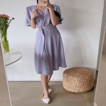 여자 셔링 와이드 반팔 벨트 랩스타일 보라 원피스