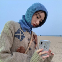 5 Color 겨울 여성 투버튼 니트 후드 넥워머 바라클라바 모자, 블루