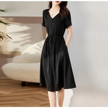 Momolatti 여성용 우아하다 레이스 브이넥 포켓 쉬폰 원피스