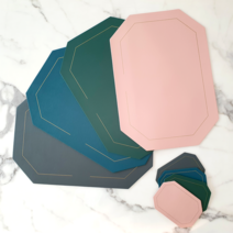 라이프스타일101 모던 폴리곤 가죽 테이블매트 식탁매트 컵받침 티코스터 포함 세트, 핑크