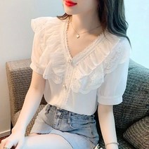 여성 반팔 티셔츠 프릴 블라우스 브이넥 반팔티 5부 반소매 면티 여자반팔티 인박카054