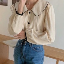 SJW 봄가을 빅카라 셔츠 남방 배색 퍼프 루즈핏 빅사이즈 블라우스 여성상의 M~4XL