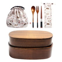 나무도시락 도시락통 도시락 나무용기 나무 휴대용 용기 피크닉 케이스, 다크 Set D 4, 2