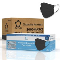 Litepak 2000피스 프리미엄 일회용 안면 마스크 소프트 3겹 코선 - 블루, Black
