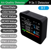 공기질측정기 9in 1 BT 대기 질 모니터 CO2 미터 이산화탄소 검출기 시간/날짜 TVOC HCHO PM2.5 PM1.0 온도, 한개옵션1, 01 Black