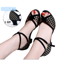 라틴댄스화 발등 트임 체크무늬 스포츠 댄스 구두 반짝이 스트랩 골드 실버 탱고화 째즈화, 250, 블랙 골드 체크 3.5CM