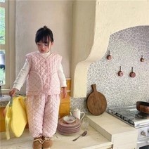 바로배송 키즈누빔상하세트 플라워핑크조끼바지셋 겨울코디아이템 깔깔이코디 나들이 데일리 등원