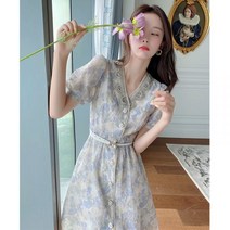 꽃무늬 쉬폰 원피스 여성 여름 V넥 퍼프 진주 a라인 미디 원피스
