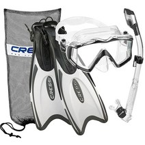 Cressi Italian Design 파노라마 뷰 강화 유리 렌즈 스노클 마스크 드라이 팔라우 롱 스노클링 핀 세트 휴대용 가방 포함 남성 및 여성용 USA 미국, White