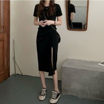 포인트 셔링 한쪽 앞트임 반전 데일리 미디원피스