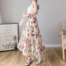 다이뻐 DAIBBU 자체제작 시원한 여성스러운 A라인 레드꽃 플라워 쉬폰 솔리드 주름 플리츠 롱스커트 비치웨어 리조트 휴가패션