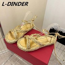 여름 짠 플랫폼 샌들 여자 레저 휴일 플랫 비치 구두 골드 블랙 발목 크로스 묶인 휴가 로마