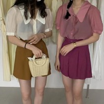 XINHUA Rasbberry Red Collar Thin Semi -Transparent Silk Shirt Bubble Sleeve Sleeves 패션 감소 느슨한 짧은 작은 셔츠 여성 ZB-252637