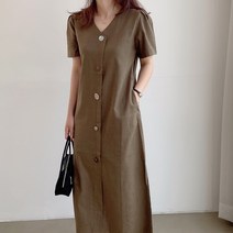 린넨 브이넥 자개단추 A라인 반팔 원피스