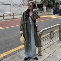 가을 루즈핏 복고풍 카키 트렌치코트