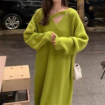 개성 v넥 니트 원피스 여자 가을 옷 겉옷 헤르본풍 루즈핏 롱 스커트