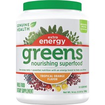 Genuine Health Greens Extra Energy 슈퍼푸드 내추럴 오렌지 GMO 프리 통 399g, 기본