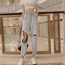 워싱청바지 성격이 활발하고 하이스트 코디 홍콩무드 CHIC 대미지 9부바지 와이드 루즈핏 여성 트렌드 2209404911