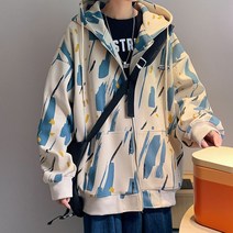 Momolatti 남자 루즈핏 날염 후드 집업 점퍼