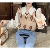 [컴피앤모어] 마름모 넥 조끼+블라우스 코디세트 빅사이즈