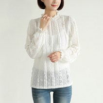 플레이팝 여성용 화이트컬러 자체제작 넥프릴 스모크밴딩 레이스 블라우스